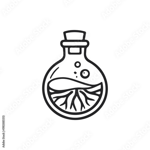 Alchemical Elixir Bottle with Mysterious Roots and Bubbling Liquid Artwork