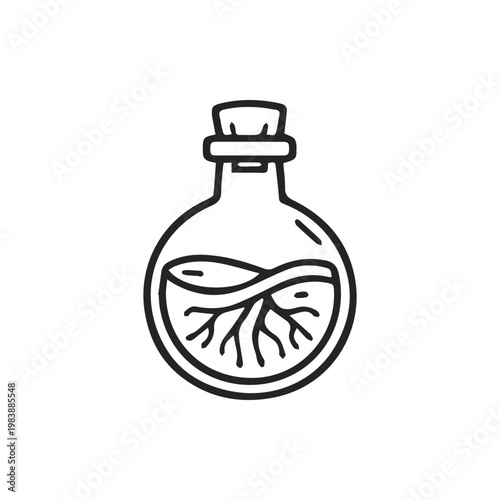 Mysterious Elixir Bottle with Submerged Plant Roots in a Dark Outline Icon