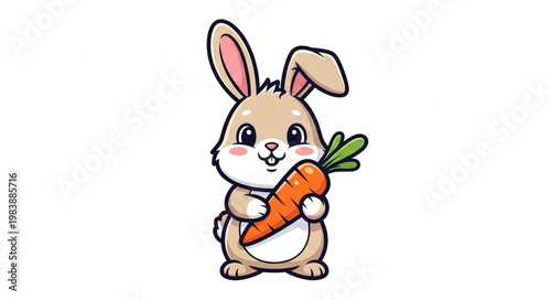 Cute cartoon bunny holding a fresh carrot.