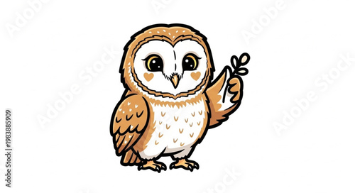 Cuadro en lienzo Cute Cartoon Barn Owl Holding a Small Branch.