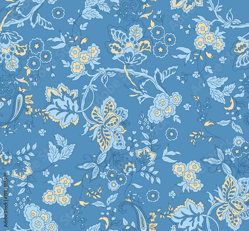 Jacobean connecting detailed floral with blue base colour print pattern for spring summer 
