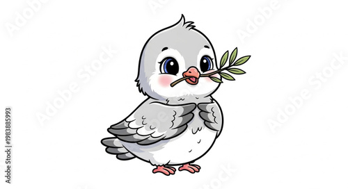 Cute cartoon bird holding a green branch in its beak.