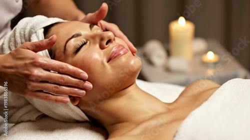 Close-up of a relaxed woman with eyes closed receiving a professional facial massage from a therapist in a spa setting with a towel on her head and warm candles in the background.