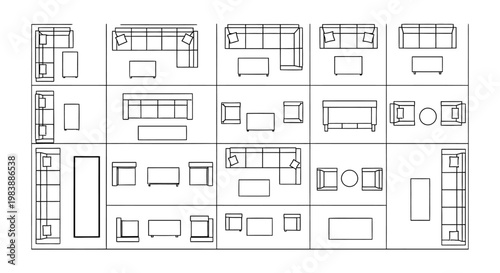 top view of floor plan layouts and furniture arrangements in a grid