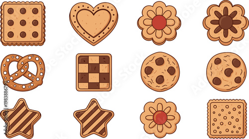Assorted cookies and biscuits set with different shapes and flavors, sweet bakery illustration collection for dessert, snack and food design