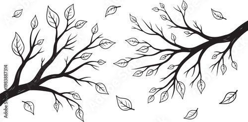 Two contrasting branches adorned with delicate leaves in a monochromatic style vector icon
