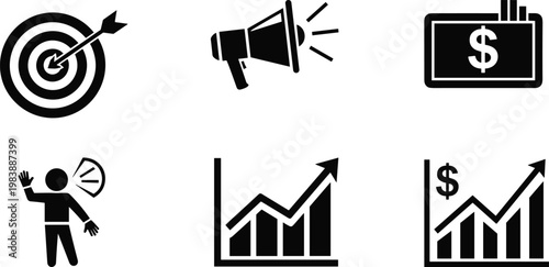 Business and marketing icons set, target megaphone finance growth symbols, strategy success elements, modern corporate analytics vector illustration collection pack
