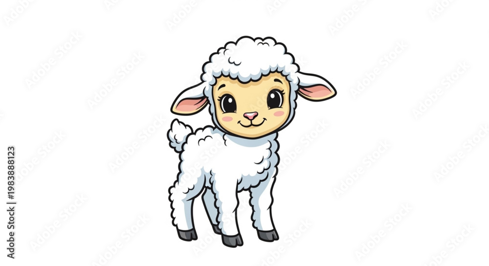Fototapeta premium Cute cartoon baby sheep standing on white background.