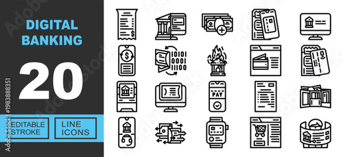 Digital Banking line icon set. Exclusive Digital Banking line icon collection. Containing Invoice, Bank, Cash, Card, Monitor, Smartphone, Encryption, Security, Wallet, Atm. Editable stroke.