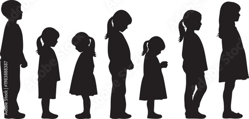 Silhouettes of children and adults standing in ascending order of height vector icon