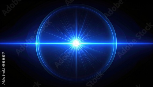 Abstrakte blaue Lichtquelle mit strahlendem Zentrum und leuchtendem Ring vor dunkler Kulisse für moderne Grafiken und Spezialeffekte.