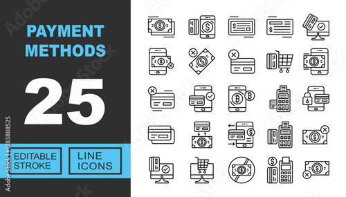 Exclusive Payment Methods line icon collection. Containing Banknote, Mobile, Check, Computer, Smartphone, Card, Ecommerce, Bitcoin, Terminal, Security. Editable stroke.