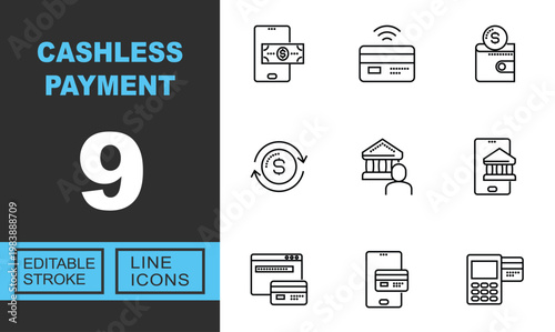 Exclusive Cashless Payment line icon collection. Containing smartphone, card, wallet, transfer, bank, mobile, browser, payment, terminal, transaction. Editable stroke.