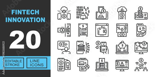 Fintech Innovation line icon set. Exclusive Fintech Innovation line icon collection. Containing Cloud, Data, Security, Smartphone, Investment, Digital, Wallet, Percent, Banking. Editable stroke.