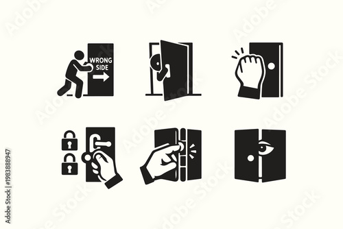 Comprehensive Door Interactions Icon Set Entry Exit Security and Privacy Concepts