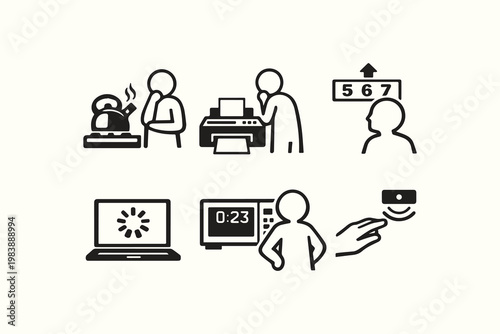 Daily life moments of patience and digital interaction simple icons