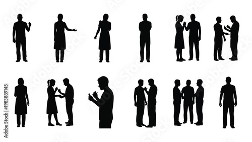 A collection of black silhouettes depicting diverse groups of people interacting and conversing high quality professional