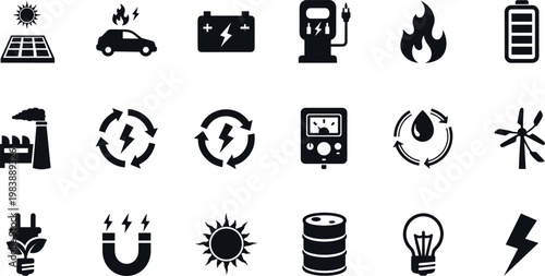 Renewable energy and power icons set with solar panel battery fuel pump electricity eco energy vector illustration