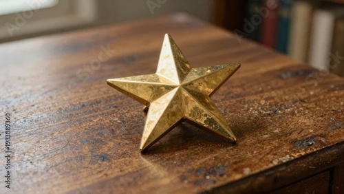 Gold star on wooden desk or Wooden desk with gold star