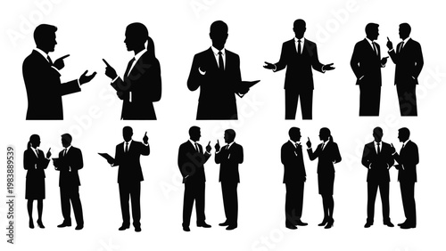 Silhouette collection depicting diverse business professionals interacting in various meeting and presentation scenarios high quality professional