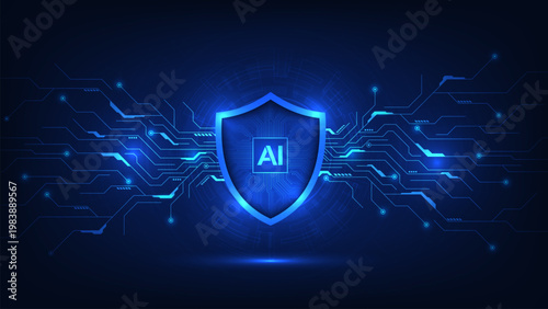 Protection shield with AI chipset inside on a futuristic background. Concept of artificial Intelligence and security. Data security against online cyber threats and viruses. Vector illustration.