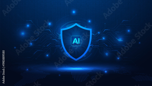 Concept of artificial Intelligence and security. Protection shield with AI chipset inside on a futuristic background. Data security against online cyber threats and viruses. Vector illustration.