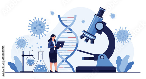 Female scientist with laptop working in a laboratory with a giant microscope and DNA structure representing advanced biotechnological research.