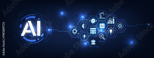 Futuristic artificial intelligence background with glowing AI letters and tech icon. Provide intelligent decision support. Machine learning, neural networks, and AI technology. Vector illustration.