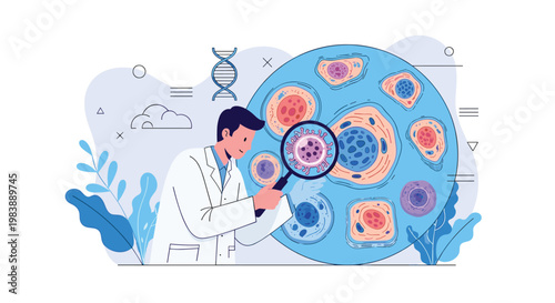 Professional scientist using a magnifying glass to inspect biological cells on a large petri dish illustrating medical lab research.