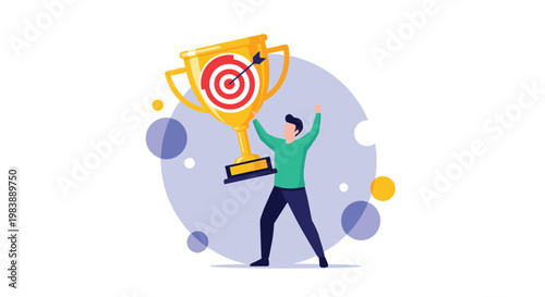 Successful man celebrating victory while holding a large golden trophy with a target bullseye representing achievement of high goals.