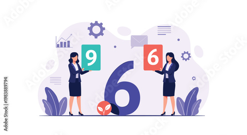 Two businesswomen holding number signs for nine and six in front of a giant number six illustrating different perspectives in business.