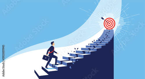 Determined professional businessman climbing a crumbling staircase towards a high target representing persistence through career challenges.