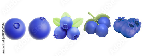 A close-up view of a single blueberry, a cluster of blueberries, and a branch of blueberries with leaves, showcasing the fruit's vibrant blue color and round shape