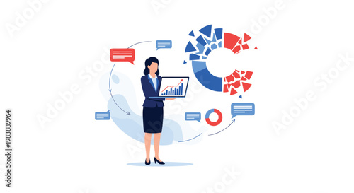Professional female analyst using laptop to visualize data around a broken corporate logo symbolizing brand reconstruction and strategy.
