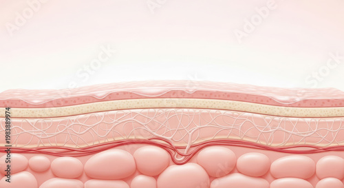 3D illustration of human skin cross-section anatomy showing epidermis, dermis, and subcutaneous fat layers