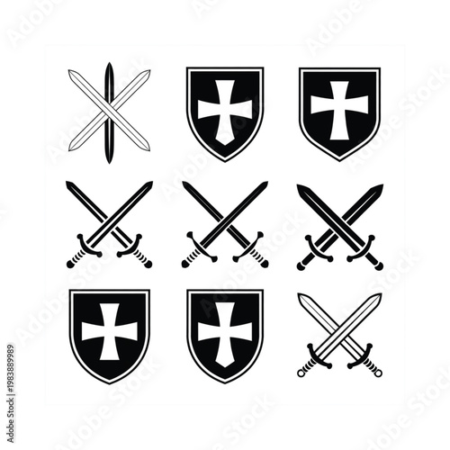 Medieval weaponry and heraldry swords and shields in black and white
