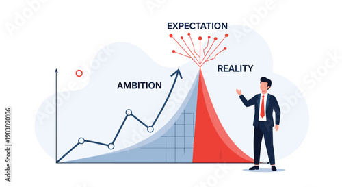 Professional businessman presenting a complex graph comparing ambition, expectation, and reality for strategic business planning.