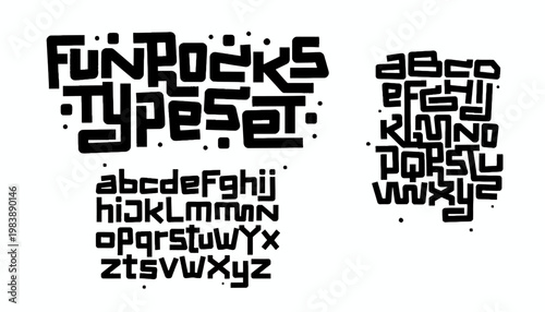 Fun rock music alphabet font typeset with uppercase and lowercase letters for creative design