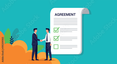Business partners shaking hands to confirm a signed legal agreement document with green checkmarks representing a successful deal.