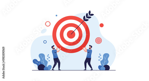 Two strong men working together to hold up a giant archery target with an arrow hit in the bullseye representing collaborative success.