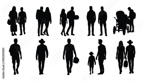 A collection of black silhouettes depicts diverse groups and individuals walking and interacting high quality professional