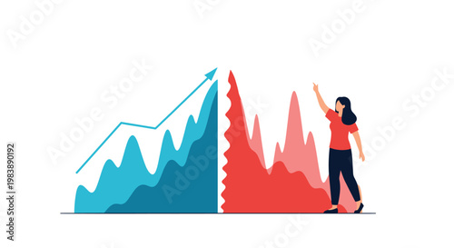 Female business analyst comparing two contrasting wave graphs representing market fluctuations and performance trends in blue and red.
