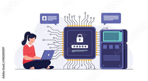 Female cybersecurity expert working on a laptop next to a large encrypted microchip and a computer server representing data security.