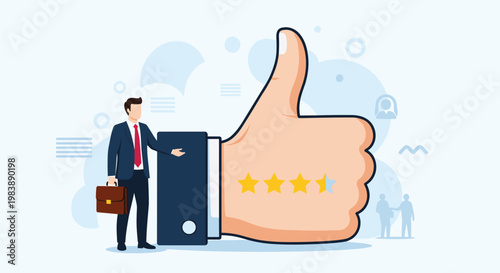 Professional businessman standing next to a giant thumbs up icon featuring a four star rating for customer service and quality review.