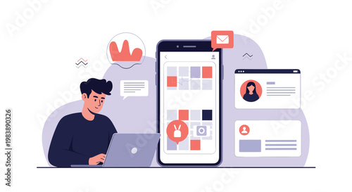User experience designer working on a laptop next to a giant smartphone and various user profile interface windows for app development.