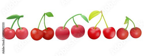 Vibrant Rows of Fresh Cherries with Green Stems and Leaves, A Delicious Fruit Harvest