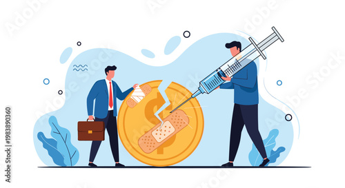 Two men attempting to fix and recover a broken gold coin using a medical syringe and a large bandage representing economic recovery.