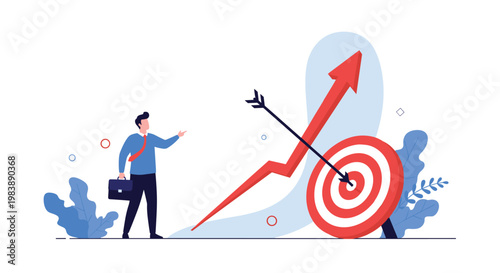 Visionary businessman pointing towards a rising financial arrow that hits a target representing the successful achievement of corporate goals.
