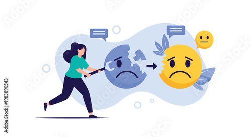 Woman using a large wrench to change the color of a sad face emoji symbolizing emotional transformation and customer satisfaction improvement.