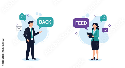 Businessman and businesswoman communicating with speech bubbles labeled back and feed illustrating the importance of constructive feedback in office.